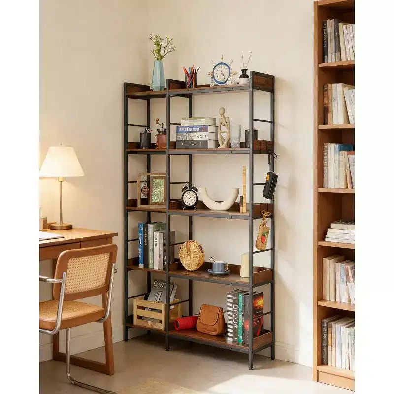 Bookshelf 5 Tier with 4 Hooks, Reversible Corner Bookshelf, 65 Industrial Wooden Bookcase with Open Shelves and Metal Frame for Living Room, Bedroom