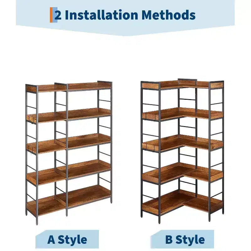 Bookshelf 5 Tier with 4 Hooks, Reversible Corner Bookshelf, 65 Industrial Wooden Bookcase with Open Shelves and Metal Frame for Living Room, Bedroom