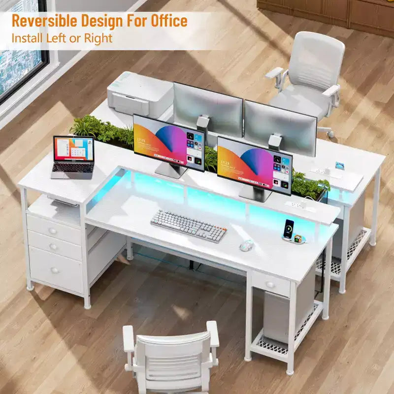 60 Inch White Computer Desk with Charging Station Gaming Desk LED Lights 4 Drawers File Cabinet Storage Home Office Work Table Modern Bedroom Study