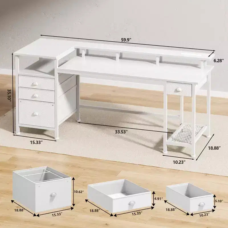 60 Inch White Computer Desk with Charging Station Gaming Desk LED Lights 4 Drawers File Cabinet Storage Home Office Work Table Modern Bedroom Study
