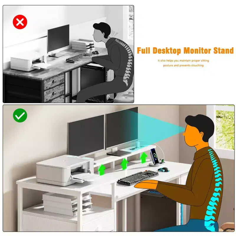 60 Inch White Computer Desk with Charging Station Gaming Desk LED Lights 4 Drawers File Cabinet Storage Home Office Work Table Modern Bedroom Study