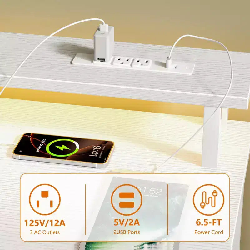 60 Inch White Computer Desk with Charging Station Gaming Desk LED Lights 4 Drawers File Cabinet Storage Home Office Work Table Modern Bedroom Study