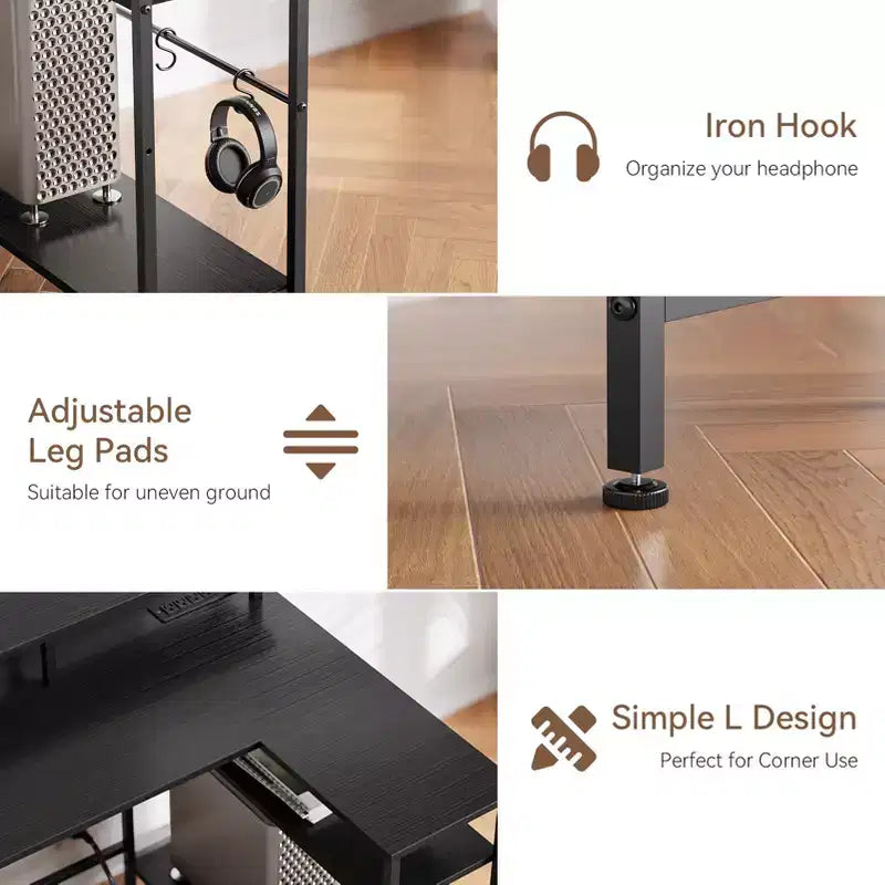 47 Inch Black L Shaped Computer Desk with Charging Station Reversible Gaming Desk LED Lights File Cabinet Monitor Stand Storage Shelves Home Office