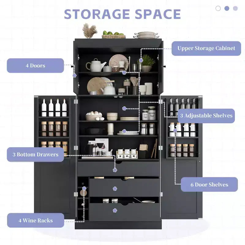 77H Freestanding Kitchen Storage Pantry, Large Dining Storage Cabinet Cupboard with Door Shelves and Adjustable Shelves