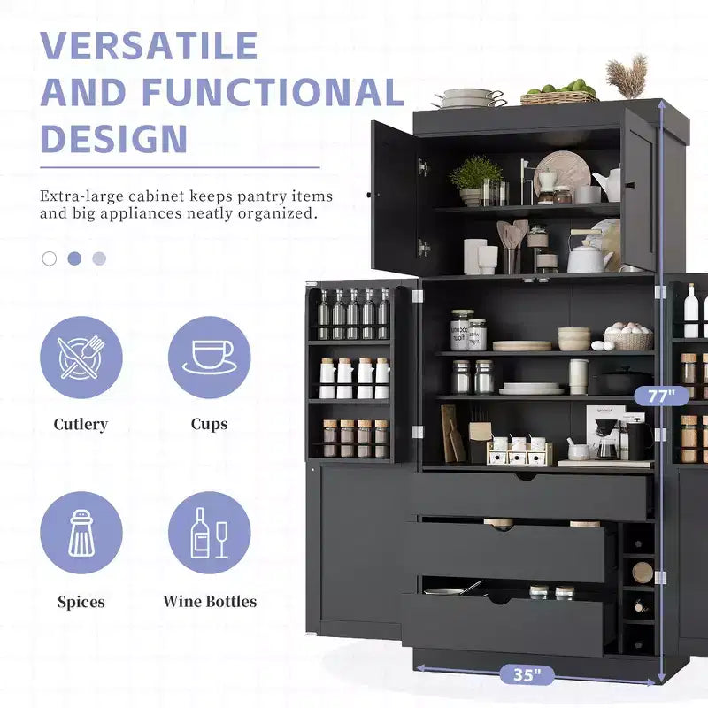 77H Freestanding Kitchen Storage Pantry, Large Dining Storage Cabinet Cupboard with Door Shelves and Adjustable Shelves