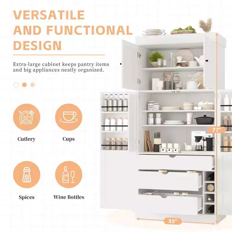 77H Freestanding Kitchen Storage Pantry, Large Dining Storage Cabinet Cupboard with Door Shelves and Adjustable Shelves
