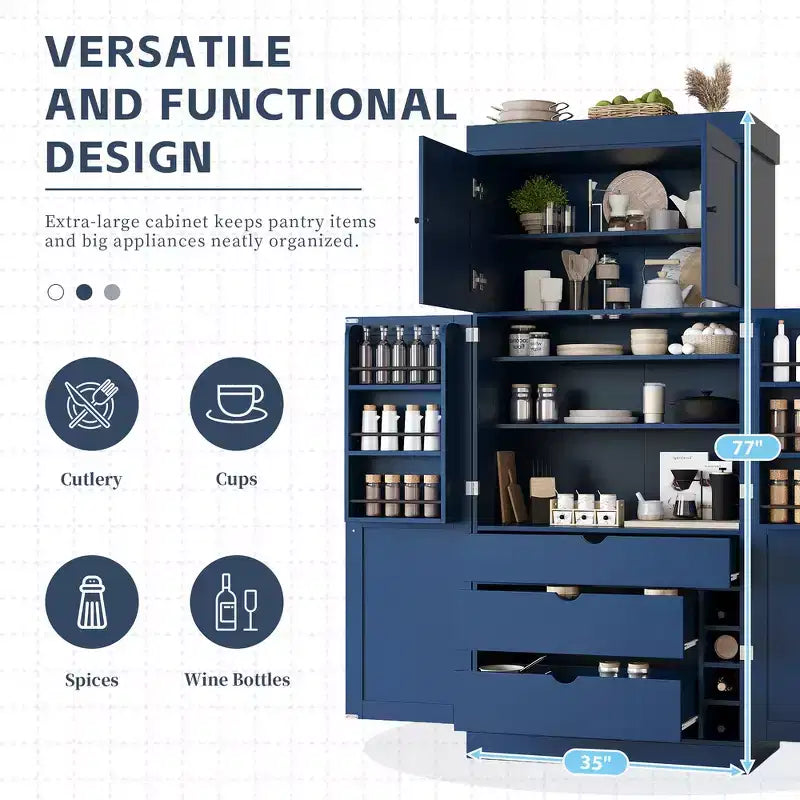 77H Freestanding Kitchen Storage Pantry, Large Dining Storage Cabinet Cupboard with Door Shelves and Adjustable Shelves