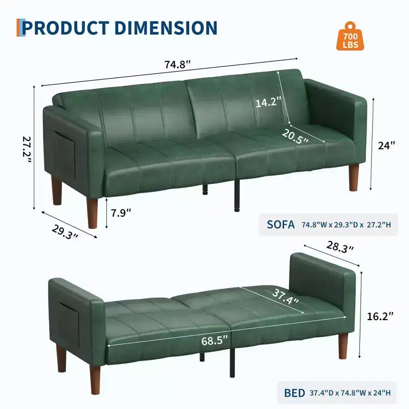 75 Modern Convertible Couch in Faux Leather, Mid-Century 3-Seat Loveseat Sleeper for Small Spaces