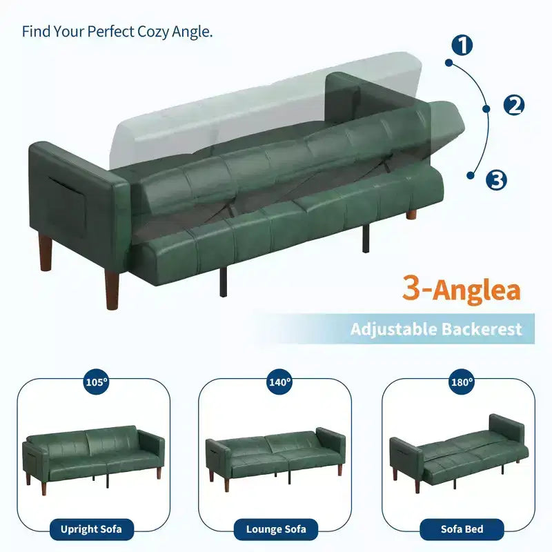 75 Modern Convertible Couch in Faux Leather, Mid-Century 3-Seat Loveseat Sleeper for Small Spaces
