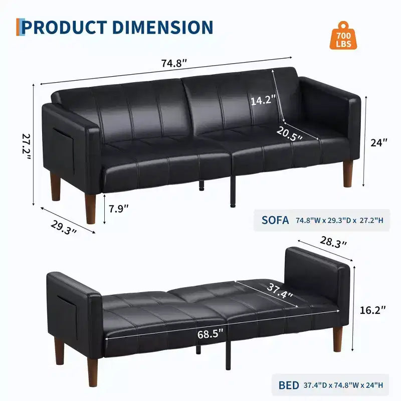 75 Modern Convertible Couch in Faux Leather, Mid-Century 3-Seat Loveseat Sleeper for Small Spaces