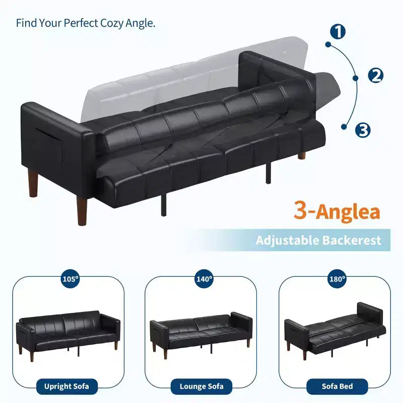 75 Modern Convertible Couch in Faux Leather, Mid-Century 3-Seat Loveseat Sleeper for Small Spaces