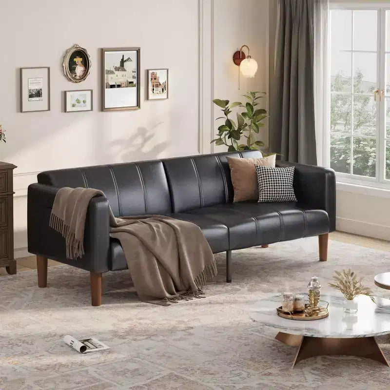 75 Modern Convertible Couch in Faux Leather, Mid-Century 3-Seat Loveseat Sleeper for Small Spaces