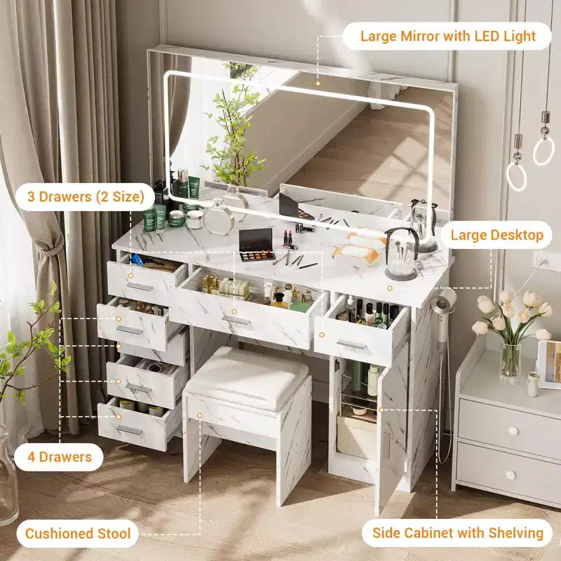 Marble Print Vanity Table with LED Lighted Mirror, Modern Makeup Vanity Desk with Multiple Storage Drawers, Vanity Set with Stool for Bedroom