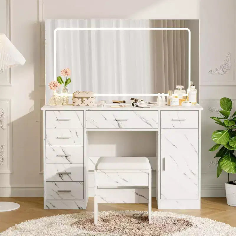 Marble Print Vanity Table with LED Lighted Mirror, Modern Makeup Vanity Desk with Multiple Storage Drawers, Vanity Set with Stool for Bedroom