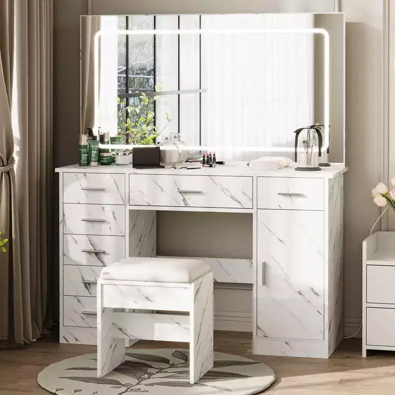 Marble Print Vanity Table with LED Lighted Mirror, Modern Makeup Vanity Desk with Multiple Storage Drawers, Vanity Set with Stool for Bedroom