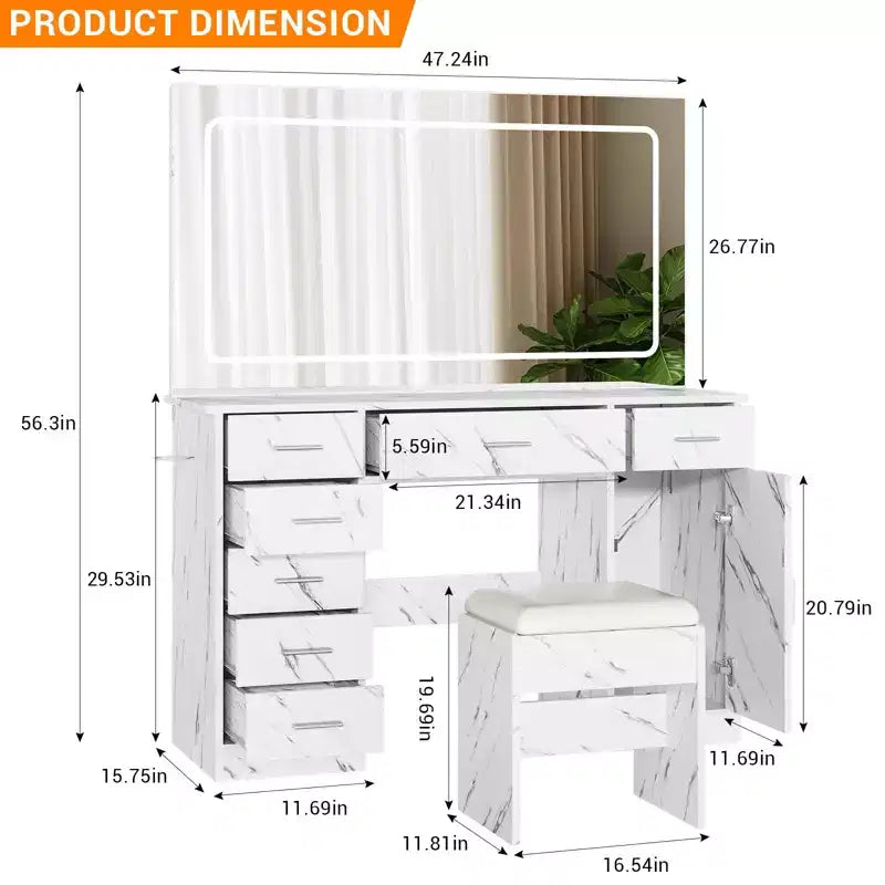 Marble Print Vanity Table with LED Lighted Mirror, Modern Makeup Vanity Desk with Multiple Storage Drawers, Vanity Set with Stool for Bedroom