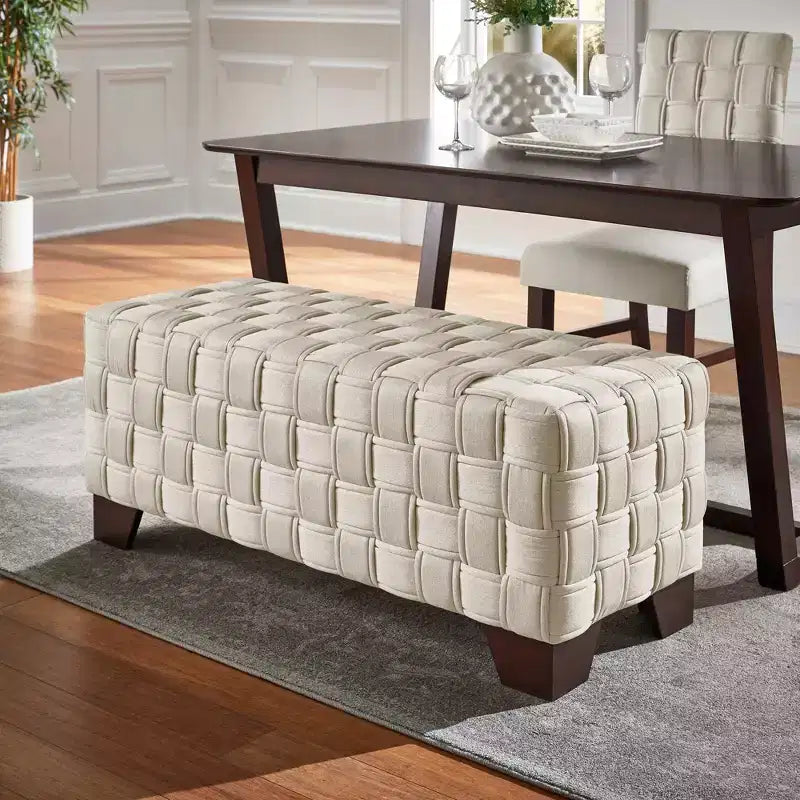Walnut Finish Woven Upholstered Bench
