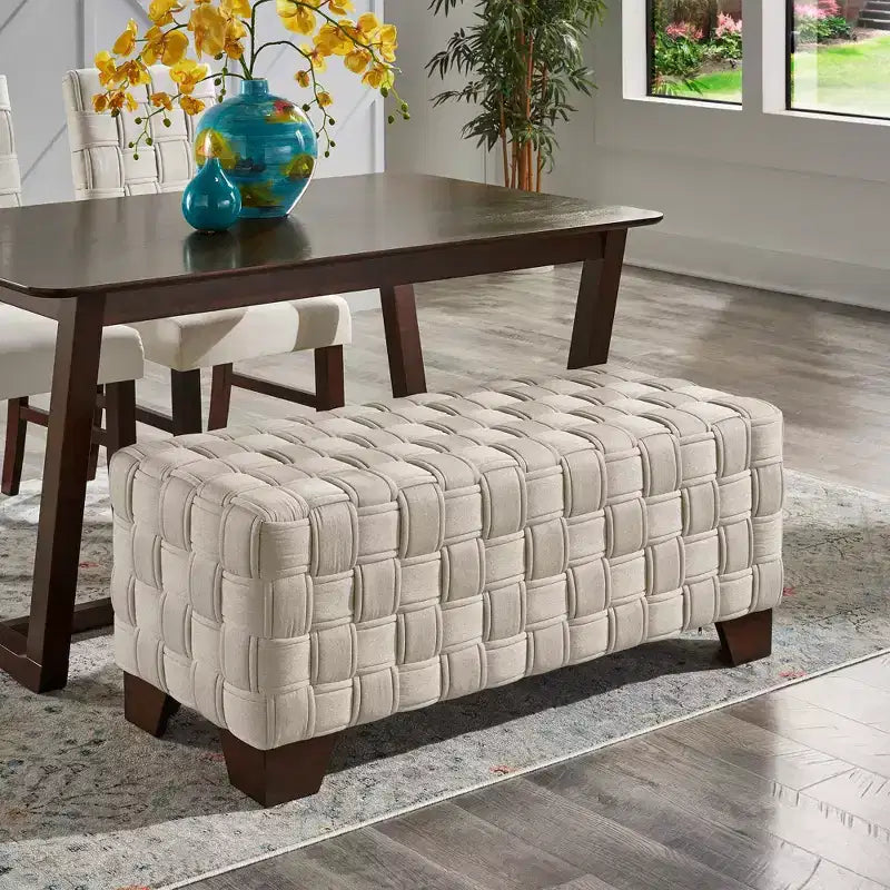 Walnut Finish Woven Upholstered Bench
