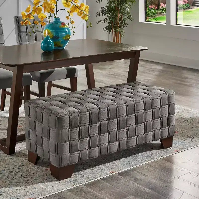 Walnut Finish Woven Upholstered Bench