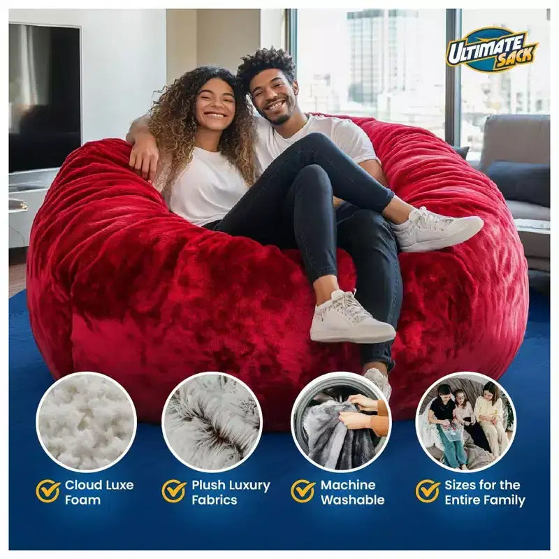 5 Ft Foam Filled Fur Covered Bean Bag Chair with Footstool, Pink