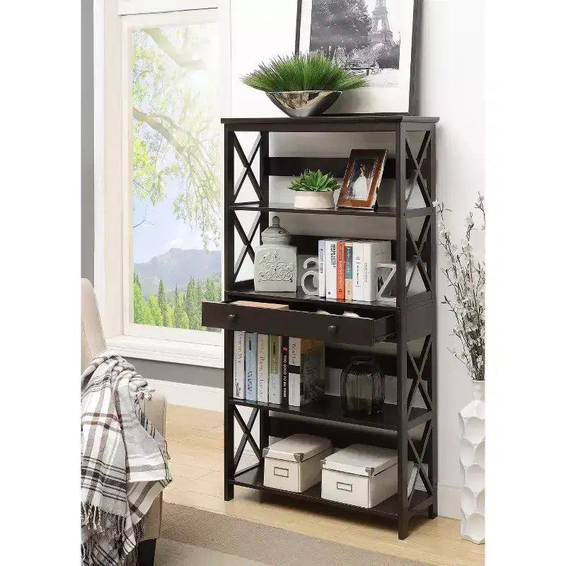 5 Tier Bookcase with Drawer, Black Wood Finish