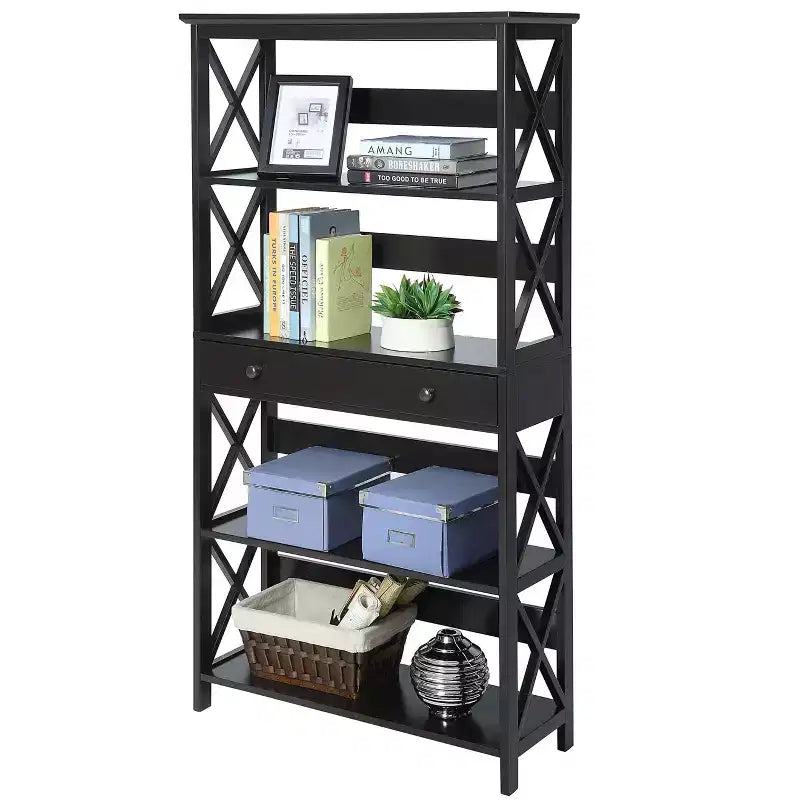 5 Tier Bookcase with Drawer, Black Wood Finish