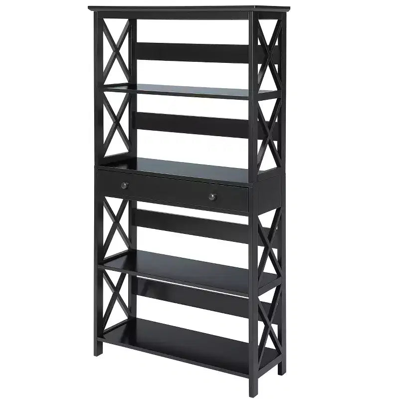 5 Tier Bookcase with Drawer, Black Wood Finish