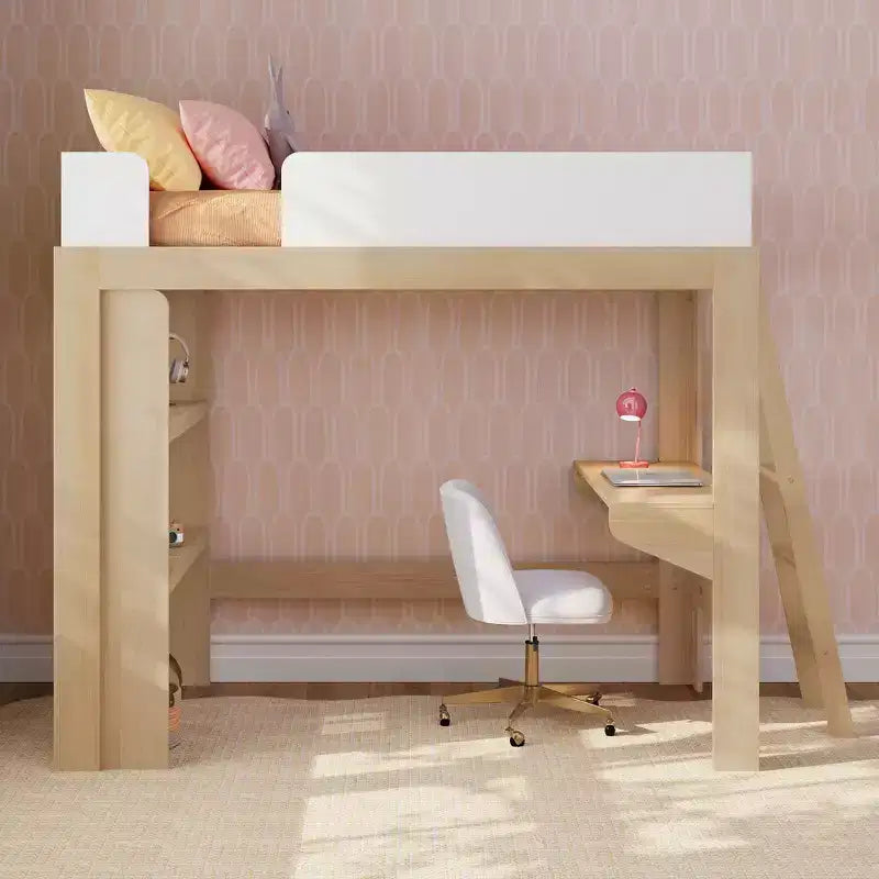 Mid-Century Modern Twin Loft Bed with Desk and Bookshelf