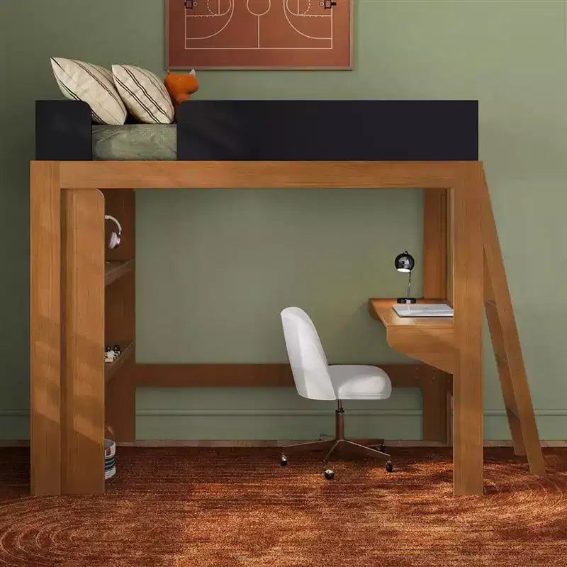Mid-Century Modern Twin Loft Bed with Desk and Bookshelf