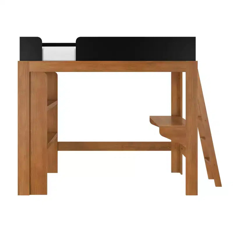 Mid-Century Modern Twin Loft Bed with Desk and Bookshelf