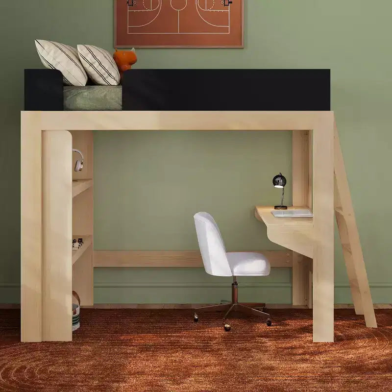 Mid-Century Modern Twin Loft Bed with Desk and Bookshelf