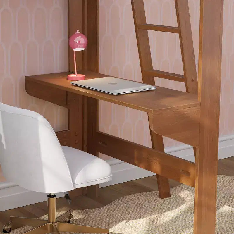 Mid-Century Modern Twin Loft Bed with Desk and Bookshelf