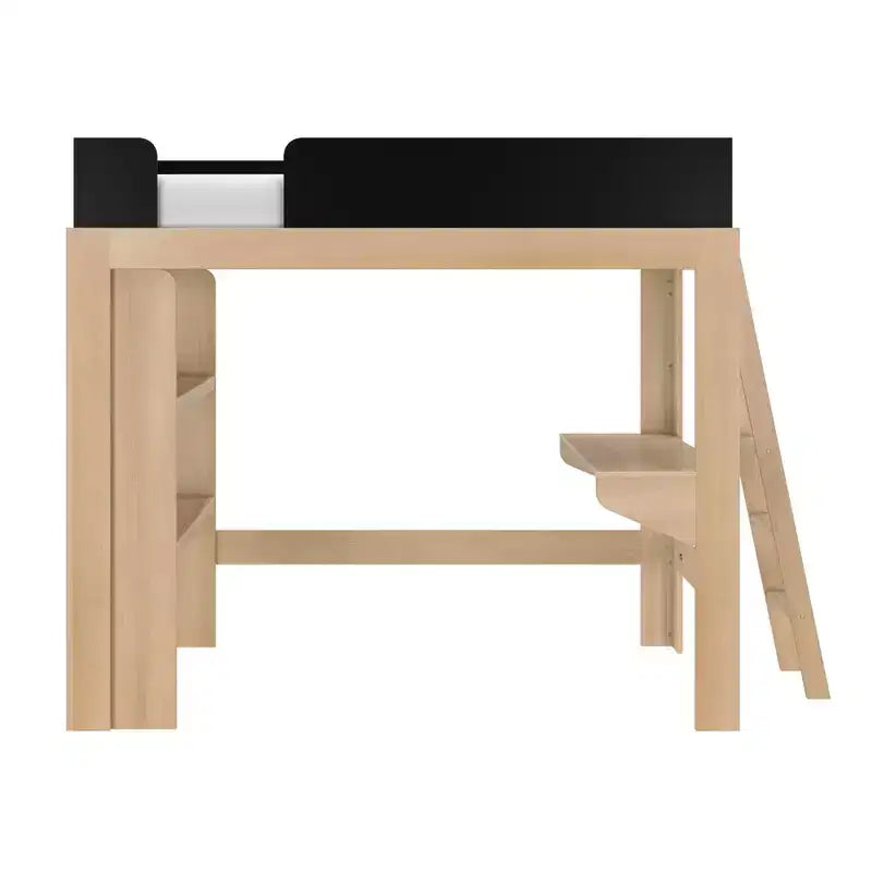 Mid-Century Modern Twin Loft Bed with Desk and Bookshelf