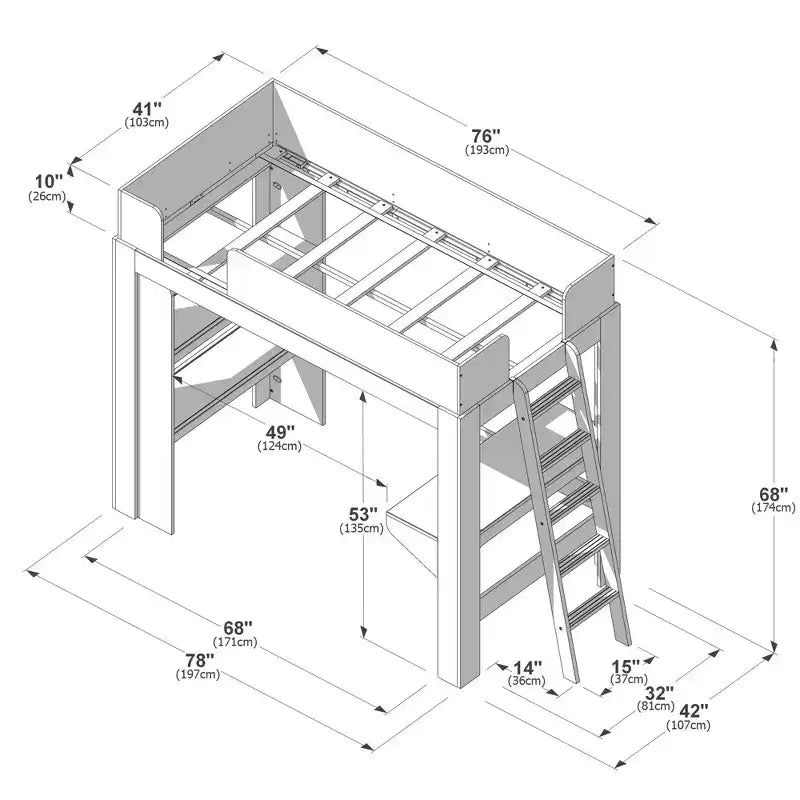 Mid-Century Modern Twin Loft Bed with Desk and Bookshelf