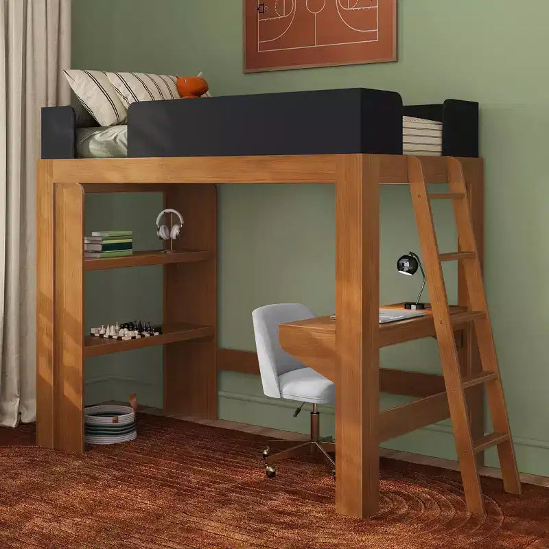 Mid-Century Modern Twin Loft Bed with Desk and Bookshelf