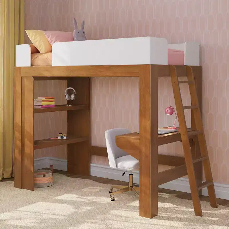 Mid-Century Modern Twin Loft Bed with Desk and Bookshelf