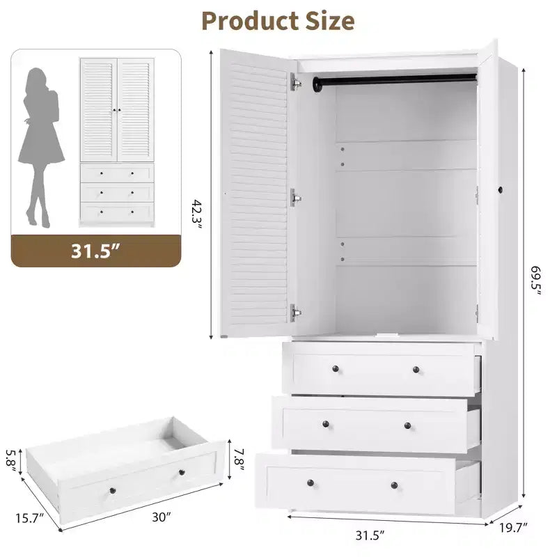 Modern Wooden Armoire Wardrobe Closet with 2 Doors and 3 Drawers, Tall Bedroom Cabinet with Hanging Rod, Freestanding Clothes Storage Unit