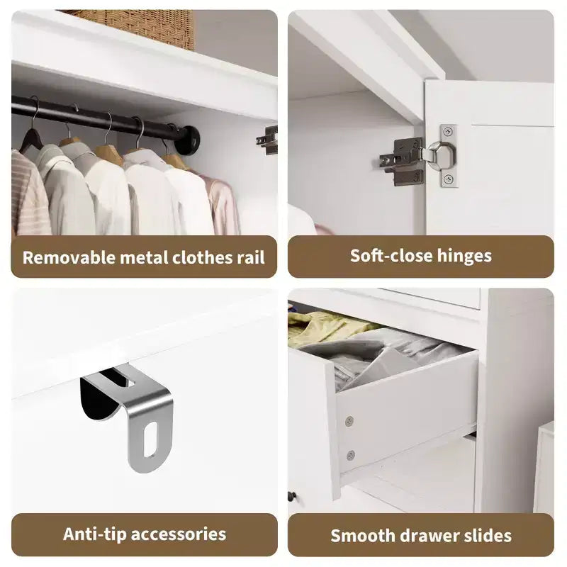 Modern Wooden Armoire Wardrobe Closet with 2 Doors and 3 Drawers, Tall Bedroom Cabinet with Hanging Rod, Freestanding Clothes Storage Unit