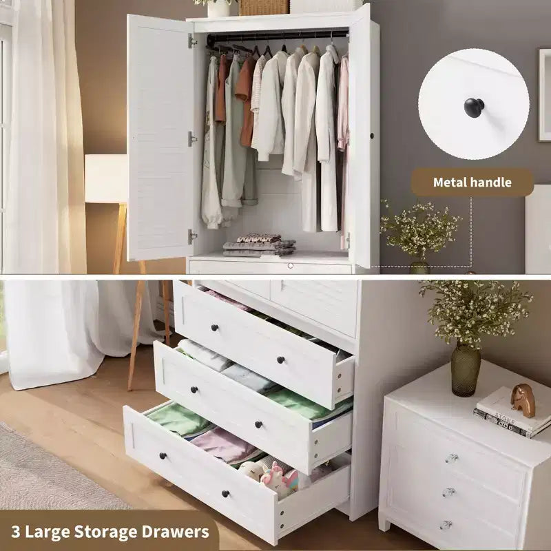 Modern Wooden Armoire Wardrobe Closet with 2 Doors and 3 Drawers, Tall Bedroom Cabinet with Hanging Rod, Freestanding Clothes Storage Unit