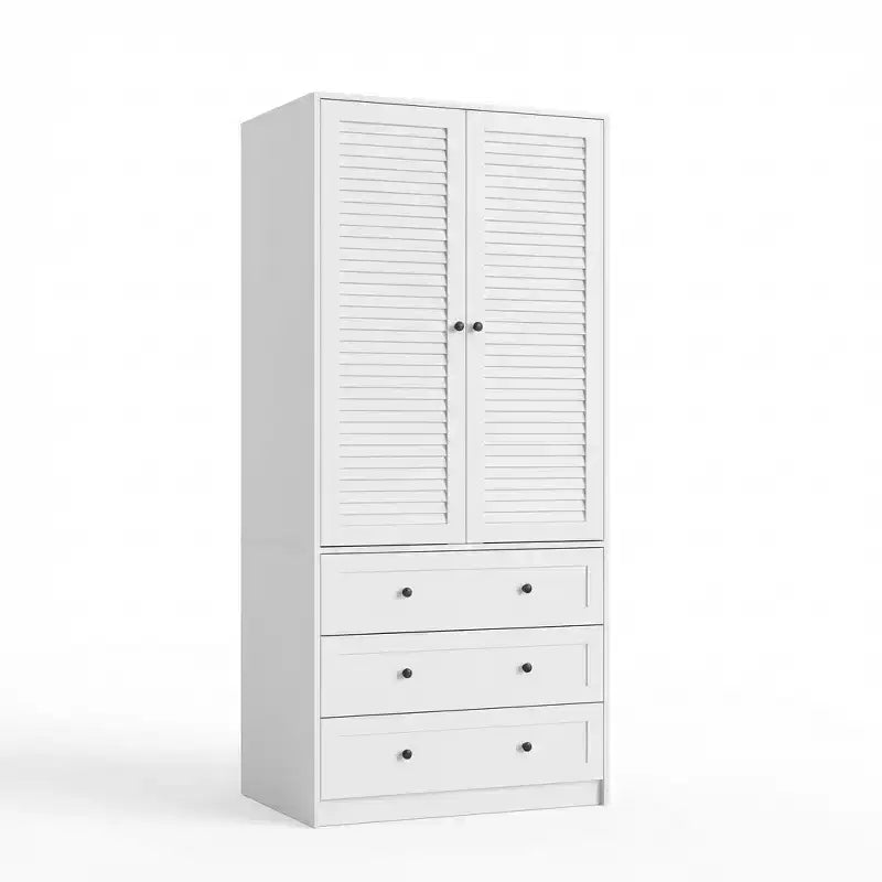 Modern Wooden Armoire Wardrobe Closet with 2 Doors and 3 Drawers, Tall Bedroom Cabinet with Hanging Rod, Freestanding Clothes Storage Unit