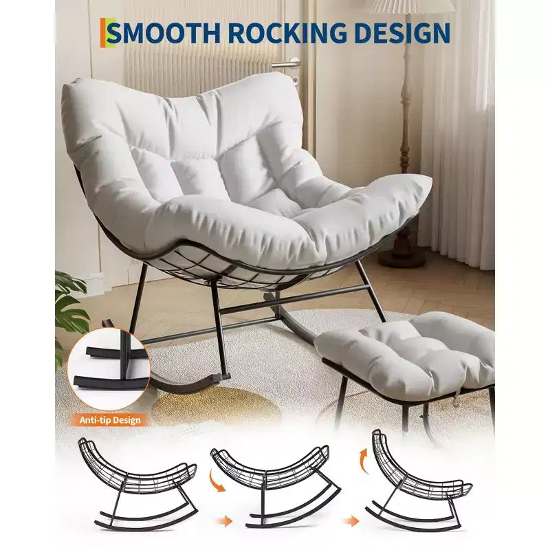 Oversized Rocking Chair Set with Ottoman, Handwoven Wicker, Soft Cushion, Ergonomic Garden Lounge Chair, for Patio, Balcony, Bedroom, Living Room