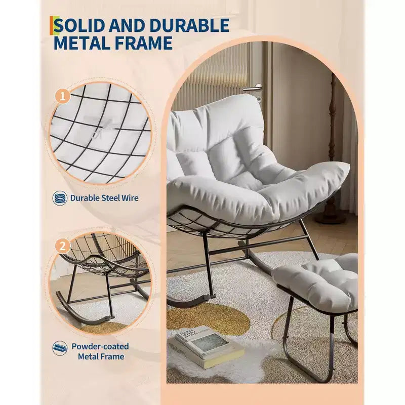 Oversized Rocking Chair Set with Ottoman, Handwoven Wicker, Soft Cushion, Ergonomic Garden Lounge Chair, for Patio, Balcony, Bedroom, Living Room