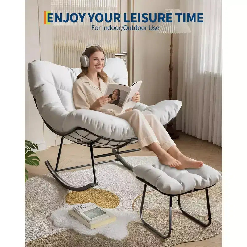 Oversized Rocking Chair Set with Ottoman, Handwoven Wicker, Soft Cushion, Ergonomic Garden Lounge Chair, for Patio, Balcony, Bedroom, Living Room
