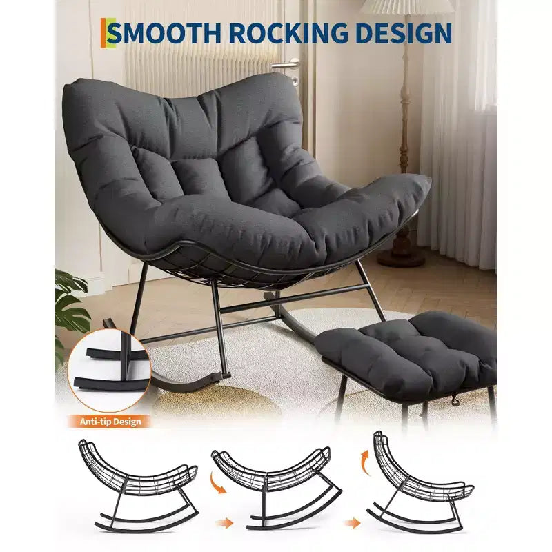 Oversized Rocking Chair Set with Ottoman, Handwoven Wicker, Soft Cushion, Ergonomic Garden Lounge Chair, for Patio, Balcony, Bedroom, Living Room