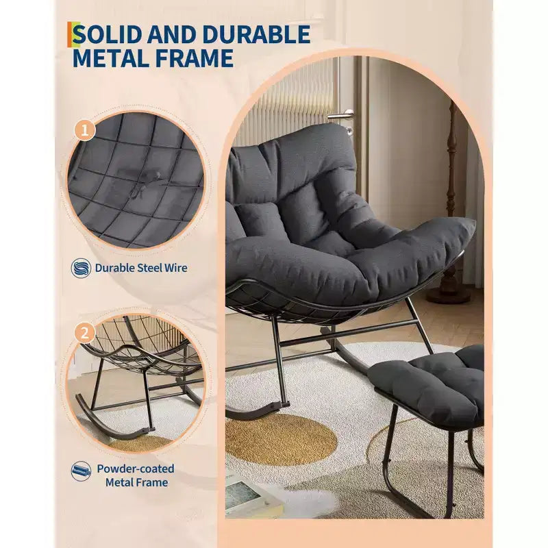 Oversized Rocking Chair Set with Ottoman, Handwoven Wicker, Soft Cushion, Ergonomic Garden Lounge Chair, for Patio, Balcony, Bedroom, Living Room