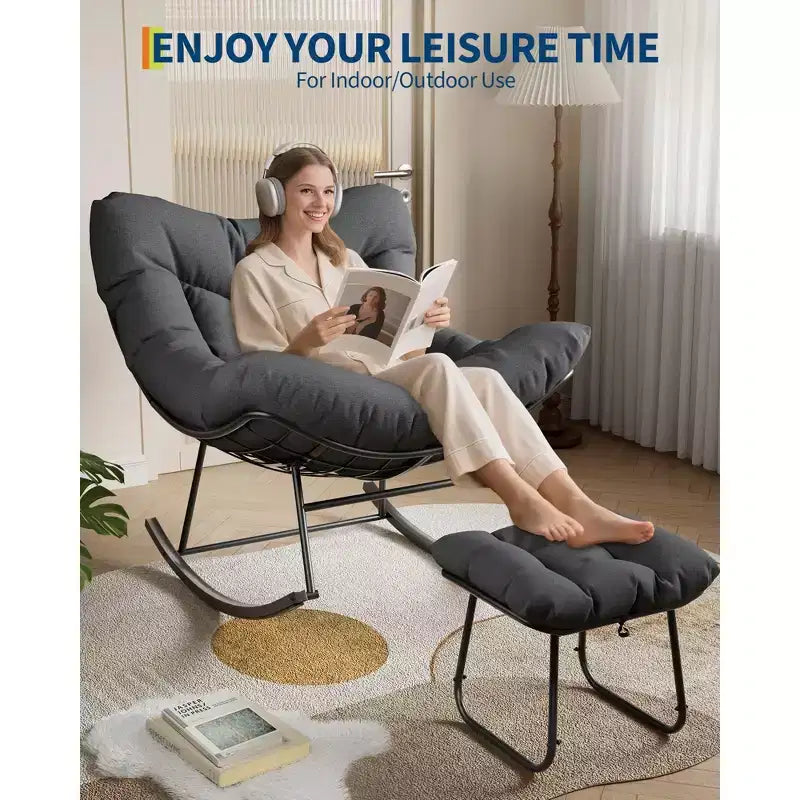 Oversized Rocking Chair Set with Ottoman, Handwoven Wicker, Soft Cushion, Ergonomic Garden Lounge Chair, for Patio, Balcony, Bedroom, Living Room