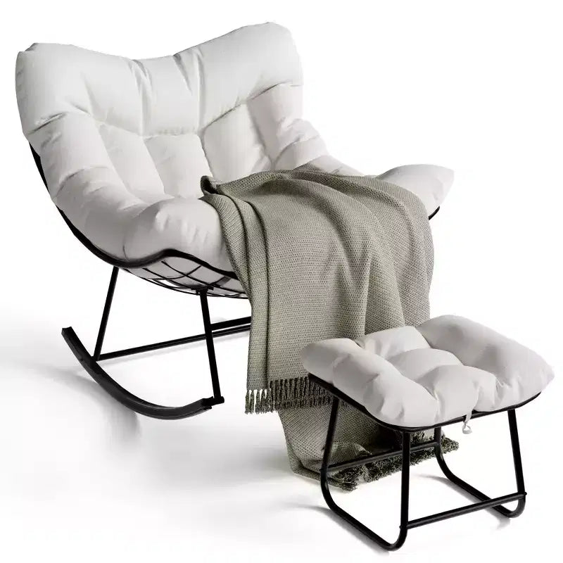 Oversized Rocking Chair Set with Ottoman, Handwoven Wicker, Soft Cushion, Ergonomic Garden Lounge Chair, for Patio, Balcony, Bedroom, Living Room