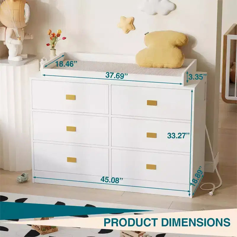 6-Drawer Changing Table Dresser,Baby Nursery Dresser & Diaper Changing Station Featuring Removable Top, Soft Pad, and MultiFunction Storage