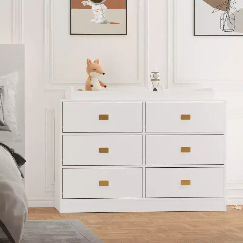 6-Drawer Changing Table Dresser,Baby Nursery Dresser & Diaper Changing Station Featuring Removable Top, Soft Pad, and MultiFunction Storage