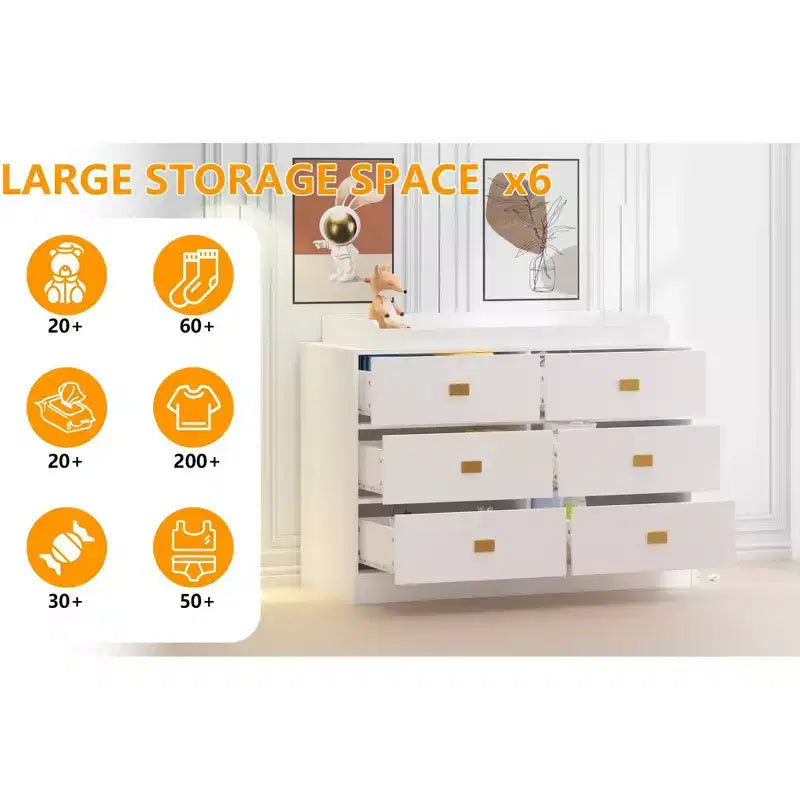 6-Drawer Changing Table Dresser,Baby Nursery Dresser & Diaper Changing Station Featuring Removable Top, Soft Pad, and MultiFunction Storage